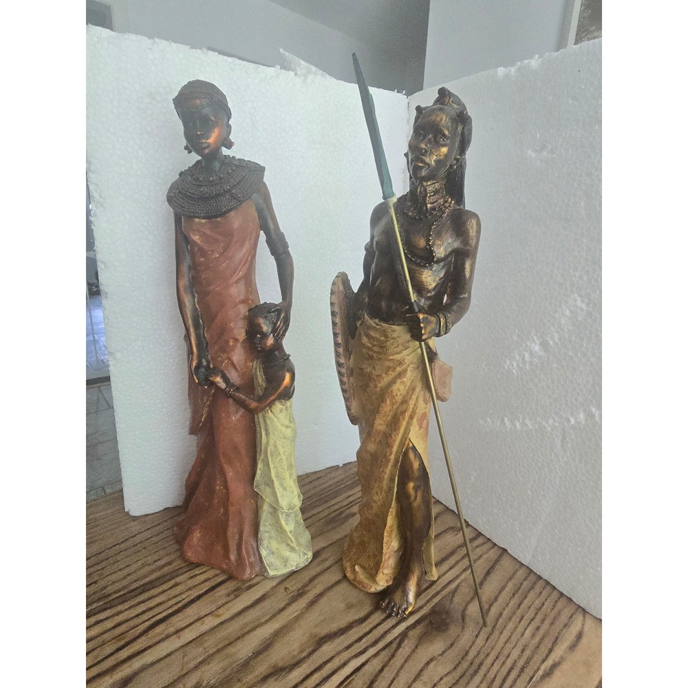 Vintage African Tribal Figurine Set Maasai Warrior Mother Child Bronze Tone 2pc
